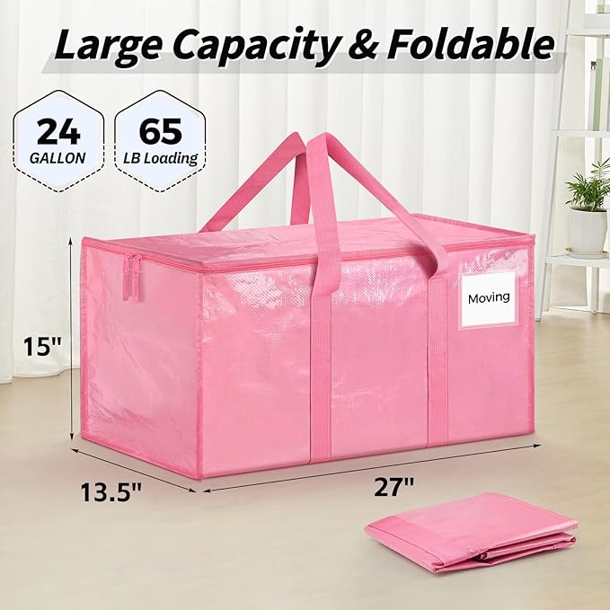 16 Pack Extra Large Heavy Duty Moving Bags, Pink Storage Bins with Lids, Reinforced Handles & Heavy-Duty Zippers Moving Boxes Storage Bags Totes for Clothes Packing, Dorms, College Supplies, Pink