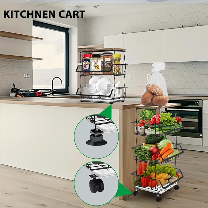 Rolling Kitchen Cart with Wood Top - 4-Tier Wire Basket Organizer for Fruits, Vegetables, Pantry Storage - Stackable, Mobile Cart with Wheels for Kitchen, Home, Office