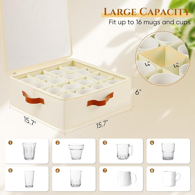 2 Pack Cup and Mug Storage Box with Dividers and Hard Shell, Stackable Coffee Cup Storage Organizer with Lid, Zipper, and Handles for Coffee Mugs, Cups, Glasses, Stemware Storage Containers for Moving-NeatNest