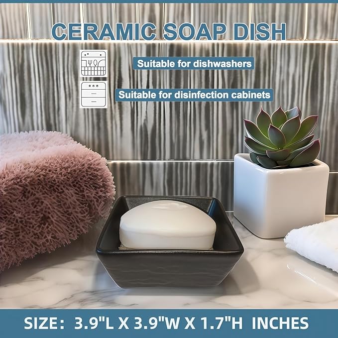 Ceramic Soap Dish, Vonpri Soap Holder Tray, Non-Slip Square Soapbox Container for Handmade Bar Bathroom Sink, Countertop, Shower Stone Texture (Black)-NeatNest