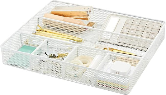 Annova Desk Top Organizer Tray for Office Organization - Metal Mesh - Storage Tray with Dividers for Pens, Desktop Accessories, Bathroom, Kitchen, Makeup and Office Supplies (Large, White)-NeatNest