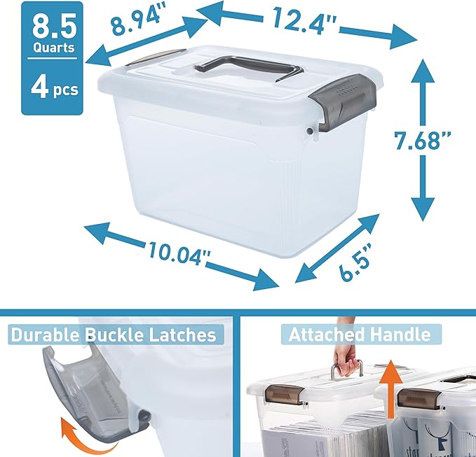 Citylife 4 Packs 8.5 QT Storage Bins with Lids Clear Plastic Bins with Grey Handle Stackable Storage Containers for Organizing-NeatNest