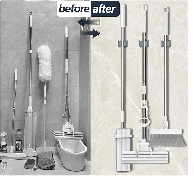 3-H 4 Pack Mop and Broom Holder Big Size Hanging 1 KG Extra,Broom Hanger Wall Mount for Hanging and Organizing Shove Rake Yard Tools in Shed Kitchen Laundry Room Bathroom Garden(grey)-NeatNest