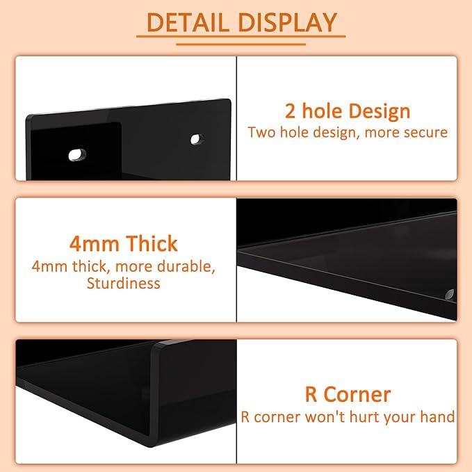 5 Inches Black Acrylic Wall Shelves for Home Décor, Pack of 2, Acrylic Shelf for Wall, Wall Mounting Display Shelf-NeatNest
