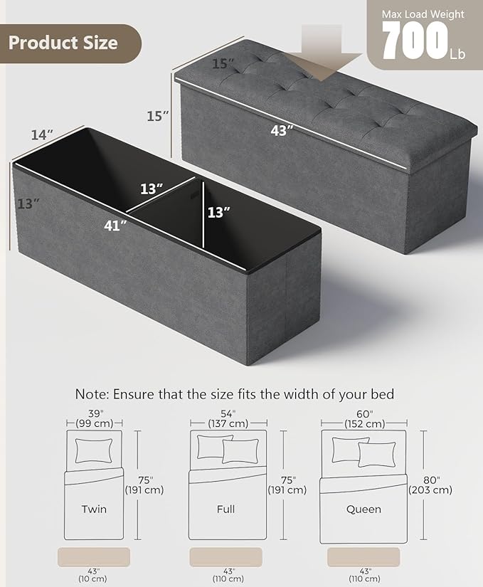 Folding Storage Ottoman Bench, Multi-Functional Ottoman Footrest, End of Bed Bench, Storage Chest for Living Room, Bedroom, Hallway, Entryway, Holds Up to 700 lbs (Dark Gray, 43 Inches)