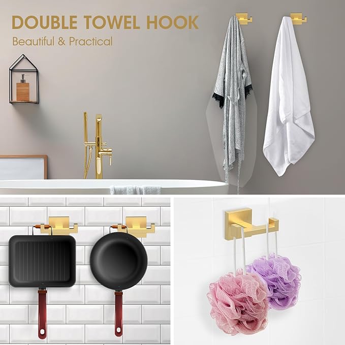 BOZWELL 1 Double Towel Hook and 2 Towel Hooks for Bathroom Light Brushed Gold Wall Mount，3 Pack Modern Square Style Coat Robe Hook，Stainless Steel Heavy Duty Door Hanger for Bathroom 1502-G-3