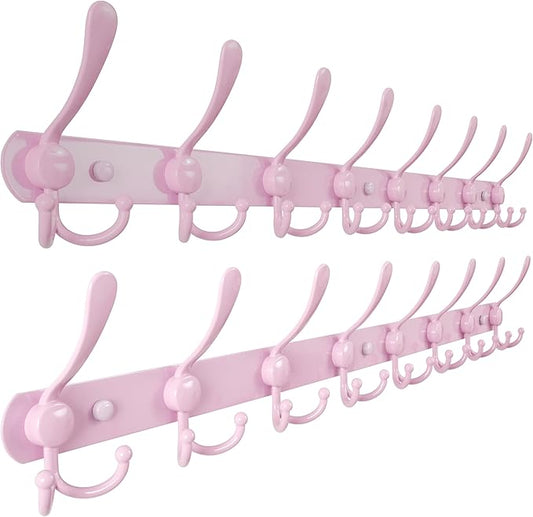 Dseap Coat Rack Wall Mount - 29.5” Long 8-Tri-Hooks Heavy Duty Coat Hanger Rail Wall Hooks for Hanging Coats Hats Clothing Clothes Purse Mudroom Entryway, Pink, Pack of 2-NeatNest