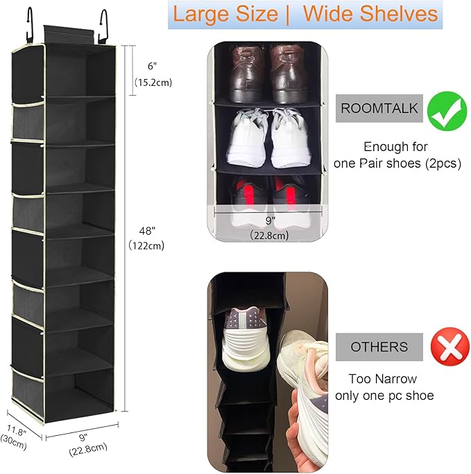 2 Pack Large-Sized Hanging Shoe Organizer 8-Shelf, Hanging Closet Organizer with 8 Side Pockets, Wider Hanging Shelves for Storage Shoes Clothes 9" W × 11.8" D× 48" H, Black.-NeatNest