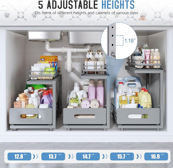 2 Pack 18 IN Depth Under Sink Organizer with Smooth Ball Bearing Slides,2-Tier Pull Out Cabinet Storage,Slide Out Drawers for Bathroom&Kitchen,Rust-resistant Coating,Height Adjustable-Gun Gray-NeatNest