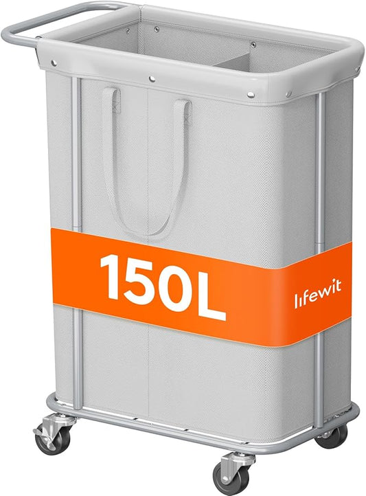Lifewit 150L Large Laundry Basket with Wheels, Tall 2 Section Laundry Hamper Organizer, Rolling Laundry Cart with Steel Frame & Removable Bag for Luandry Room Bathroom Bedroom, Silver Gray