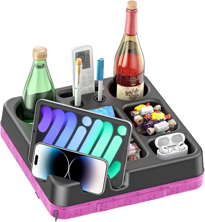 Couch Cup Holder Tray Couch Cup Holder Pillow Bed Tray Snack Sofa Bed Caddy Organizer Beach Sofa Drink Holder Anti-Spill Portable Snack Caddy Couch Remote Holder for Phone Pad Kindle Beverage Purple-NeatNest