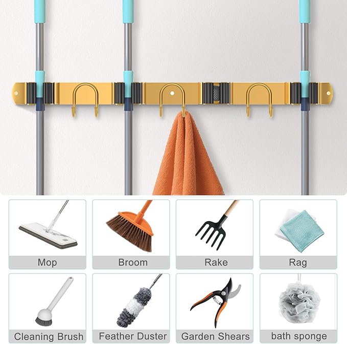 Mop Broom Holder Wall Mount, 2 Packs Gold Stainless Steel Tool Storage Organizer for Kitchen Garden Garage Laundry Room Bathroom and RV with 4 Slots 6 Hooks-NeatNest