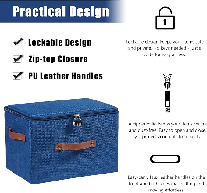 2PCS Storage Bins Box with Zipper Lid Combination Lock PU Leather Handles Cotton Linen Fabric Lidded Lockable Basket Foldable Washable Closet Shelf Organizer Container (Deep Blue, Large)