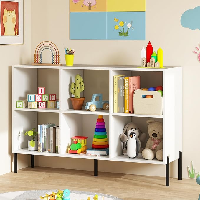 6 Cube Bookcase, Wood Storage Organizer with 5 Metal Legs, Bookshelf with Storage, Cubical Storage Shelf, Wooden Book Shelf, Display Shelves for Bedroom, Living Room, Entryway (White)