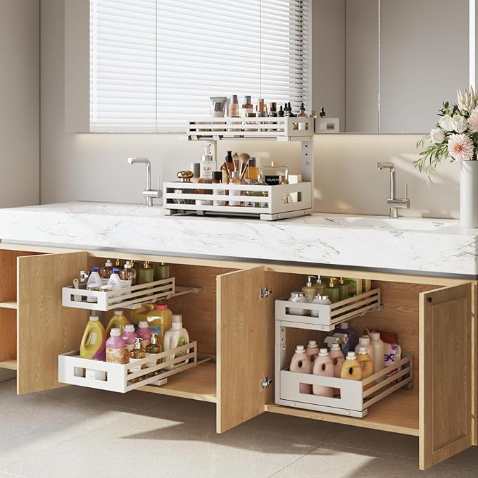 1-Pack Under Sink Organizers and Storage,2-Tier L Shape Pull Out Cabinet Organizer With Round Tube Slide Rails,Hight Adjustable Slide Out Drawers for Kitchen&Bathroom,Multi-Purpose Storage Shelf-White-NeatNest