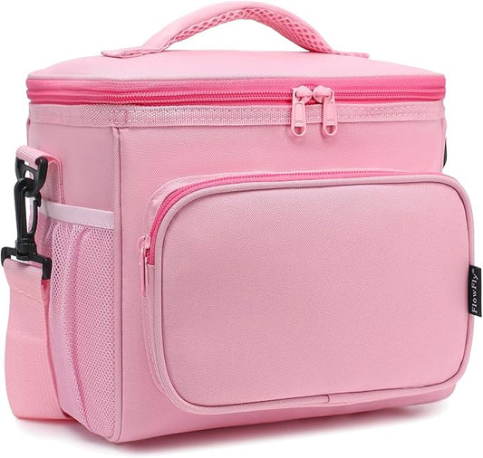 FlowFly Insulated Reusable Lunch Bag Adult Large Lunch Box for Women and Men with Adjustable Shoulder Strap,Front Zipper Pocket and Dual Large Mesh Side Pockets,Pink-NeatNest