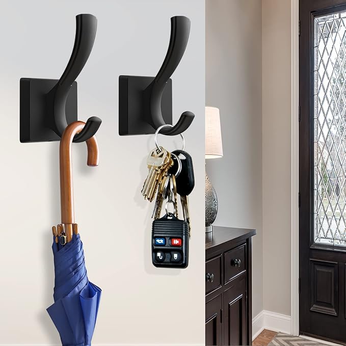 Black Towel Hooks, Coat Robe Hooks Bathroom Entryway Mudroom Pool Hooks for Wall Mount Hanging Towels Bathrobe Key Hat Backpack (2 Pack, Black)-NeatNest