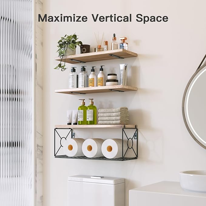 Amada Bathroom Shelves Over Toilet with Storage Basket, Floating Shelves Wall Shelves for Home Organization & Wall Decor, Bathroom/Kitchen/Living Room Shelves–Natural Wood-NeatNest