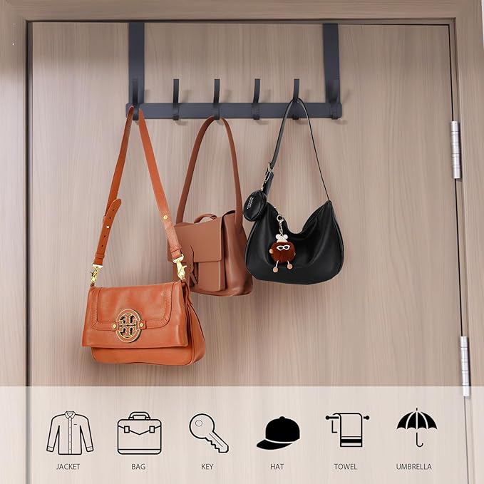 2 Pack Over The Door Hook，Door Hanger for Hanging，Over Door Hanger Holder for Coat Robe Hat Clothe Towels，Towel Racks for Bathroom with 12 Coat Hooks (Black, 2 Pack-6 Hooks)
