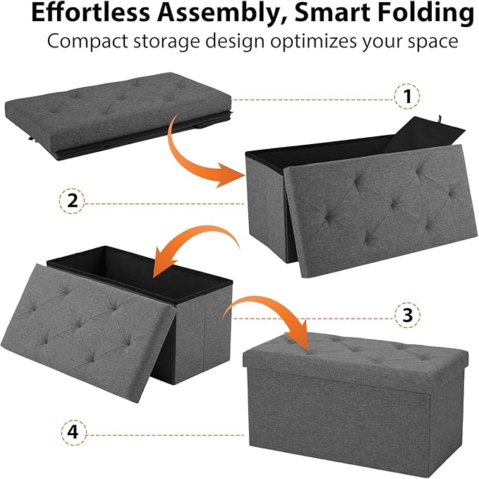 DUMOS 30in Foldable Storage Ottoman Bench, Foot Rest Stool Storage Chest with Padded Seat, End of Bed Bedroom Bench for Living Room, Support 660lbs, Pure Grey