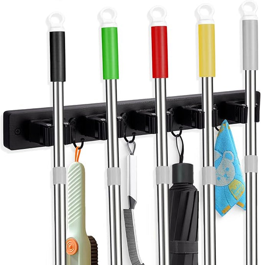 Broom Holder Wall Mount With 5 Slots & 4 Hooks，Rustic Wood Broom & Mop Hanger，Wall Mounted Garden & Garage Tool Storage Organizer Rack for Closet Laundry Room or Kitchen Wall Decor Black-NeatNest