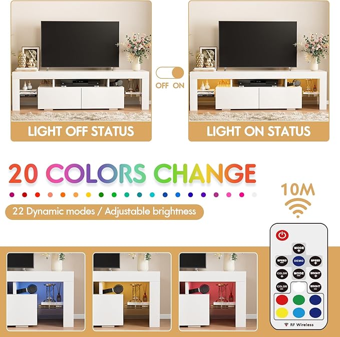 JUMMICO TV Stand, Modern Lighting TV Cabinet Entertainment Center Media and Open Shelf, TV Console Table with 1 Drawer and Remote Control, 20 Color LED Lights up to 70 Inch TV (White)-NeatNest