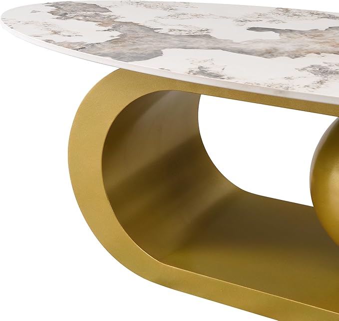 47.2" Modern Oval Coffee Table Marble Pattern Sintered Stone Tabletop Gold Stainless Steel Base End Tables Center Table Sofa Table for Living Room Office Bedroom Balcony, White & Gold