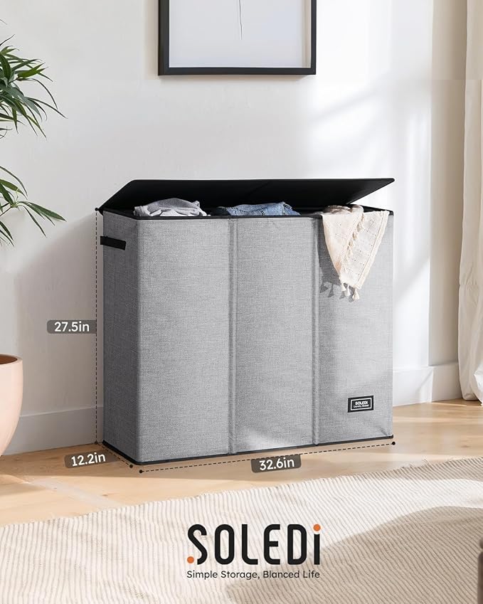 SOLEDI 180L Laundry Hamper 3 Section, Extra Large Laundry Hamper with Lid, Dirty Clothes Hamper with Sturdy Handle, Large Laundry Basket Organizer for Laundry Room, Bedroom, Hampers for Laundry-NeatNest