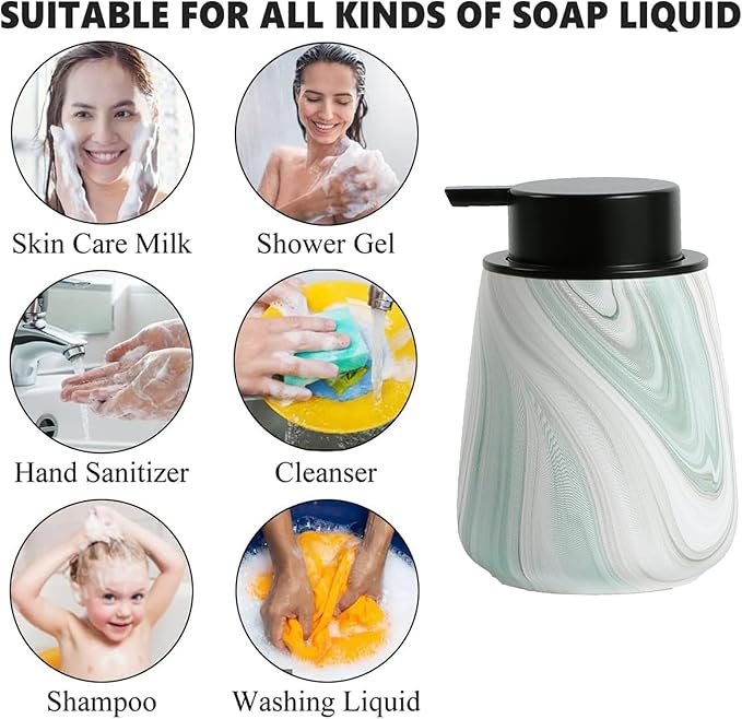 12Oz Foam Hand Soap Dispenser - Modern Ceramic Foaming Soap Dispenser with Easy-to-Press Pump, Reusable and Refillable Liquid Dish Soap Dispensers for Bathroom & Kitchen, Marble Green-NeatNest