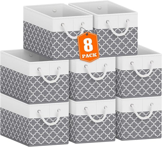 Fab totes Storage Bins [8-Pack], Foldable Storage Baskets for Organizing Toys, Books, Shelves, Closet, Large Storage Box with Rope Handles, Sturdy Organizer Bins,Clover Grey-NeatNest