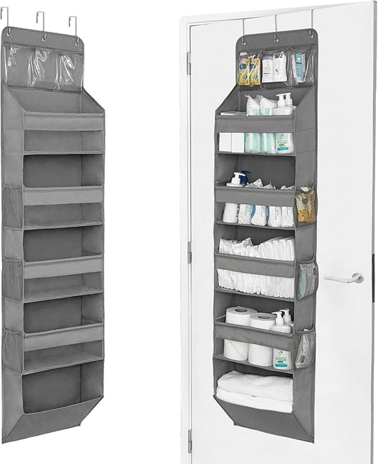 Heavy Duty Over The Door Organizer Hanging Storage – 6-Tier Behind The Door Storage with 5 Large, 6 Side & 3 PVC Pockets – 50 lbs Hanging Organizer for Closet, Nursery, Bathroom – 1 Pack, Gray-NeatNest