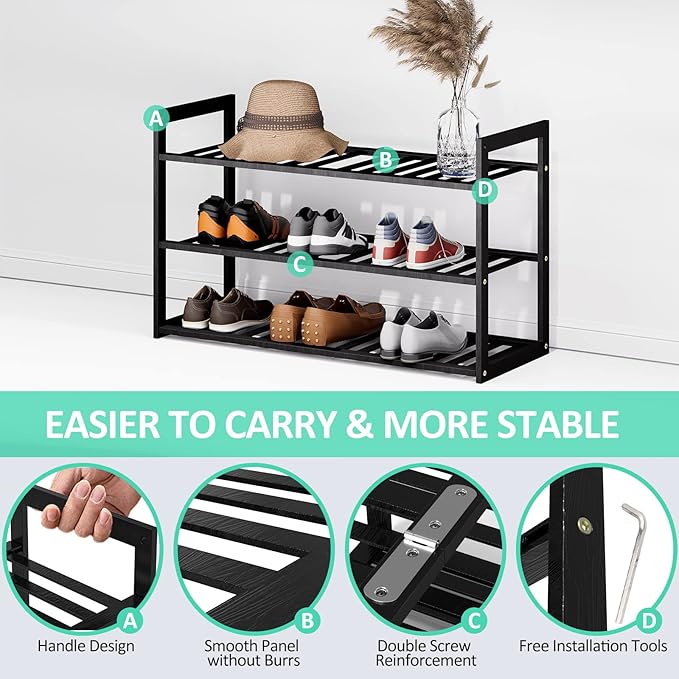 Bamboo Shoe Rack for Entryway, Stackable 3 Tier Shoe Organizer Shelf Storage 9-12 Pairs Shoes Stand Cubby for Closet Door Hallway Bedroom Garage Black, Thanksgiving-NeatNest