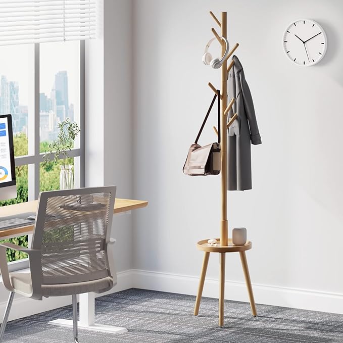 GREENSTELL Coat Rack with 8 Hooks, Wooden Coat Rack Freestanding with Shelf, Coat Tree with 4 Height Options 50.5"-72.6", Coat Hanger Stand for Bags, Clothes, Umbrellas, Hats, in Home, Natural-NeatNest