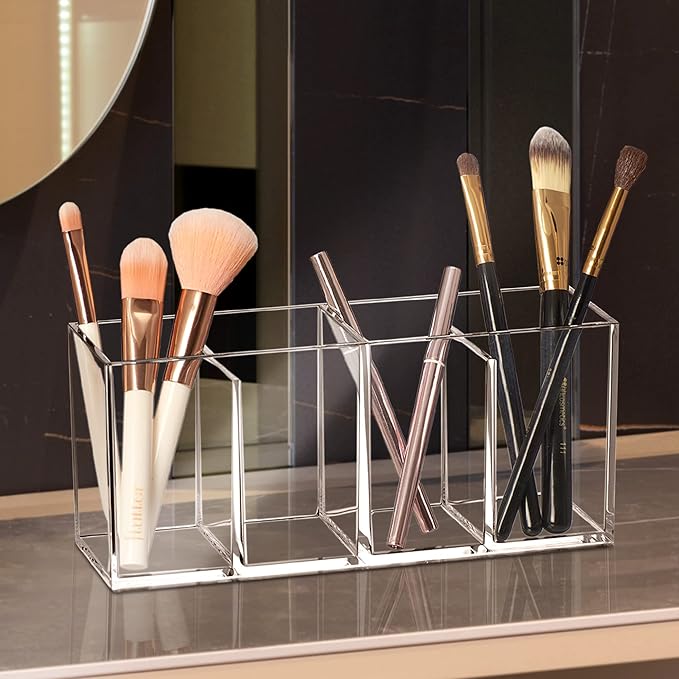Amazing Abby - Glamour - Acrylic 4-Compartment Makeup Organizer, Transparent Plastic Makeup Brush Holder, Perfect Bathroom Vanity Storage Solution for Makeup Brushes, Eyebrow Pencils, and More-NeatNest