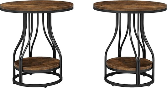 Tribesigns Round Side End Table 2-Tier End Tables Modern Bedside Table Small Chirside Tables with Storage for Couch Side, Nightstand with Metal Frame for Living Room (2, Brown+Black)