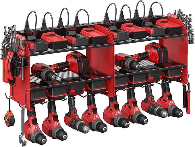 CCCEI Set Power Tool Organizer Wall Mount with Charging Station. Garage 8 Drills Storage Shelf with Hooks, Screwdriver, Drill Bit Heavy Duty Rack, Tool Battery Holder Built in 8 Outlet Power Strip.-NeatNest