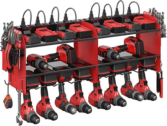 CCCEI Set Power Tool Organizer Wall Mount with Charging Station. Garage 8 Drills Storage Shelf with Hooks, Screwdriver, Drill Bit Heavy Duty Rack, Tool Battery Holder Built in 8 Outlet Power Strip.-NeatNest