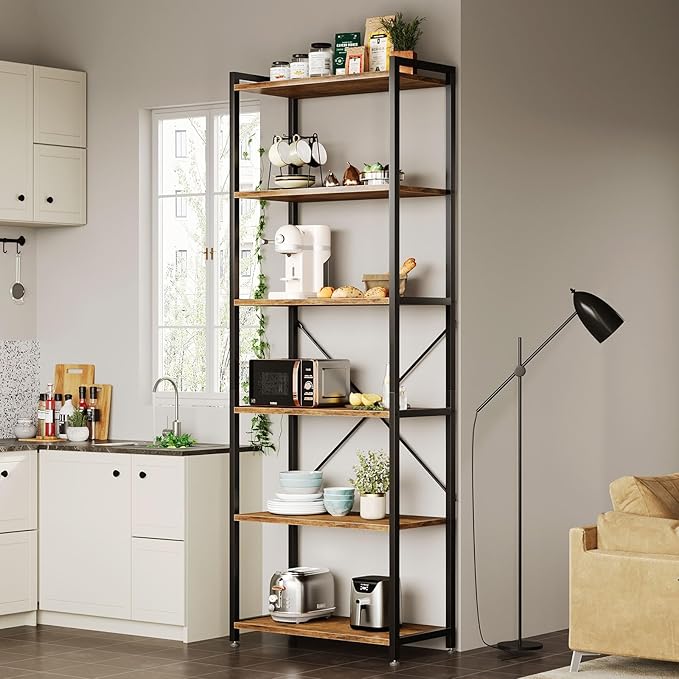 Casaottima Book Shelf, 6 Tier Tall Bookshelf, Modern Wood Bookcase Shelves for Bedroom, Industrial Display Shelf for Living Room Home Office Kitchen, Standing Shelving Unit Storage Organizer, Vintage-NeatNest