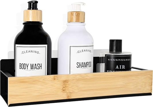 Bathroom Shelves,Wall Mounted Floating Shelf,Over Toilet Storage Shelf,Metal Bamboo Wall Shelves,Home Storage Organizer Essentials for Bathroom/Living Room/Kitchen/Bedroom(Black)