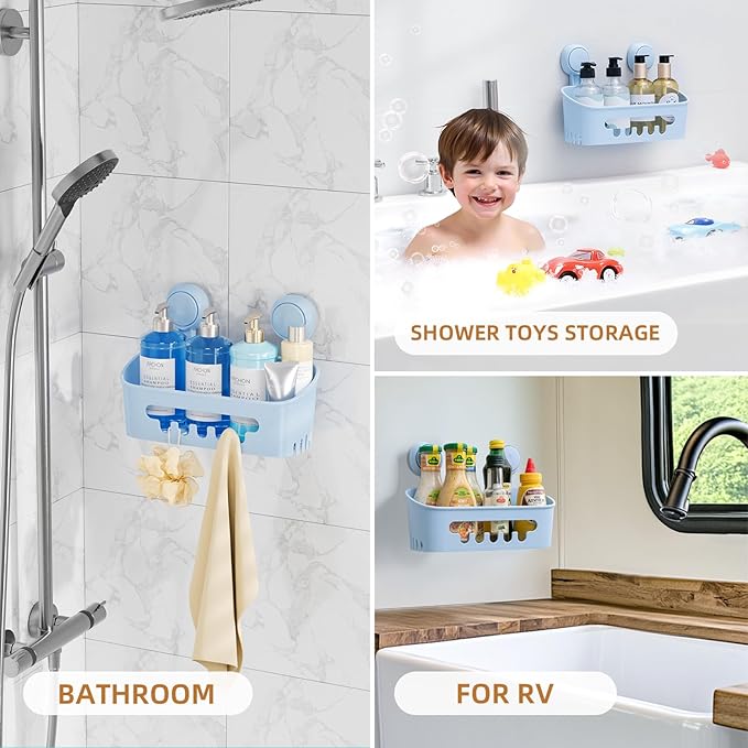 LEVERLOC Shower Caddy Suction Cup, Shower Organizer Removable Bathroom Shelf, Storage Suction Powerful Max Hold 22lbs Bathroom Caddy Waterproof Holder, Blue-NeatNest