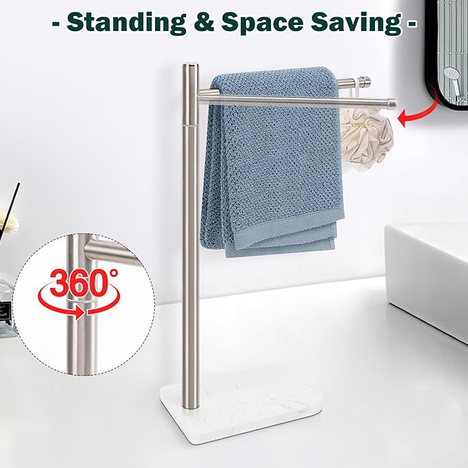 Hand Towel Holder, L-Shape Hand Towel Stand with Marble Base, Stainless Steel Swivel Hand Towel Rack Bar Standing for Bathroom Kitchen Countertop, 1 Arm (Brushed Nickel)
