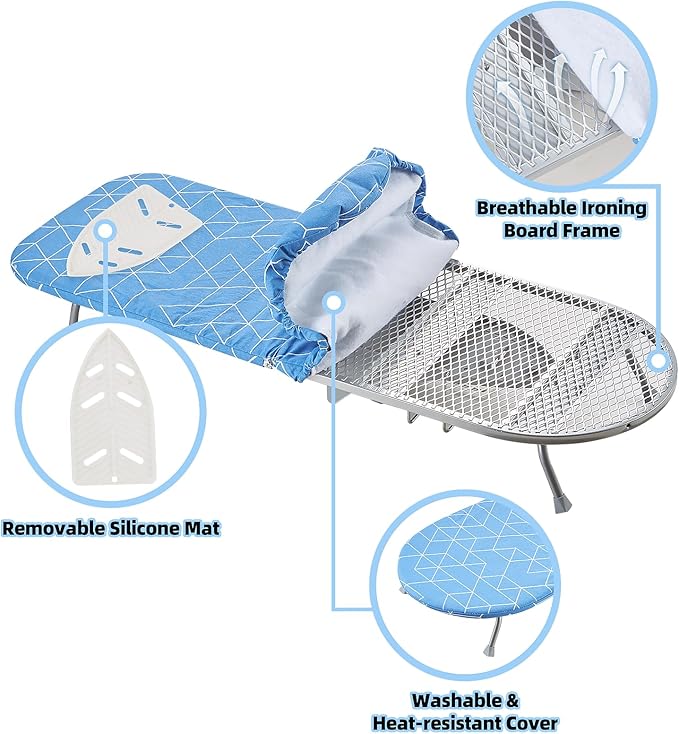 Foldable Ironing Board, 13"x35" Folding Tabletop Small Ironing Board with Iron Holder and Wall Mount Space-Saving, Blue
