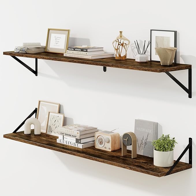 Fun Memories Deep Floating Shelves for Wall, 48W x 8D Wall Mounted Shelves Set of 2, Wide Display Ledge Shelf with Sturdy Metal Brackets for Living Room, Bathroom, Bedroom and Kitchen, Rustic Brown-NeatNest