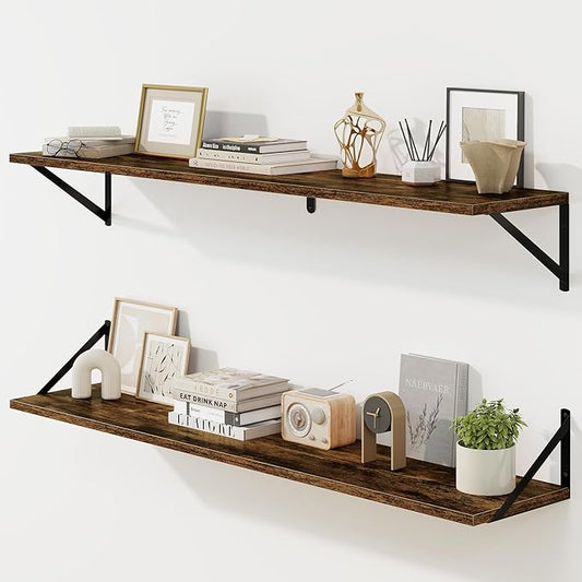 Fun Memories Deep Floating Shelves for Wall, 48W x 8D Wall Mounted Shelves Set of 2, Wide Display Ledge Shelf with Sturdy Metal Brackets for Living Room, Bathroom, Bedroom and Kitchen, Rustic Brown-NeatNest