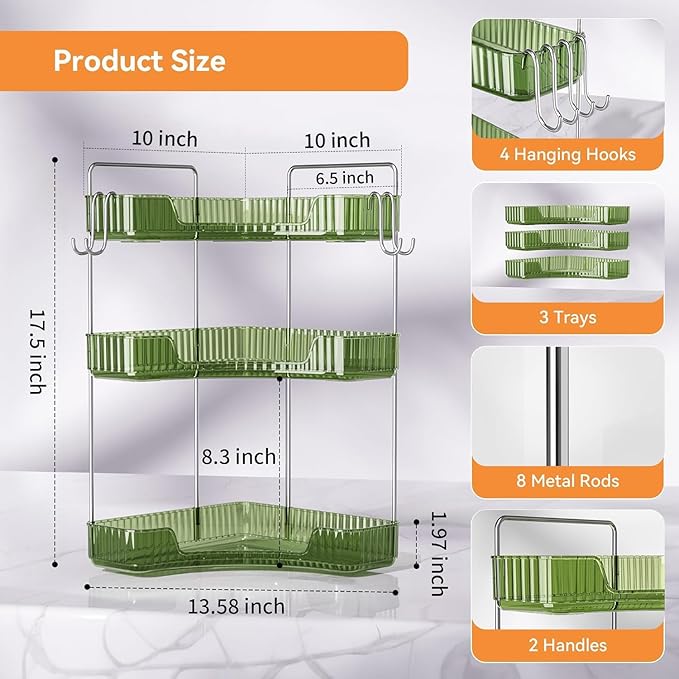 Makeup Organizer for Vanity 3-Tier Corner Bathroom Organizer Countertop with Hooks Bathroom Countertop Perfume Organizer Corner Bathroom Counter Corner Storage-Green-NeatNest