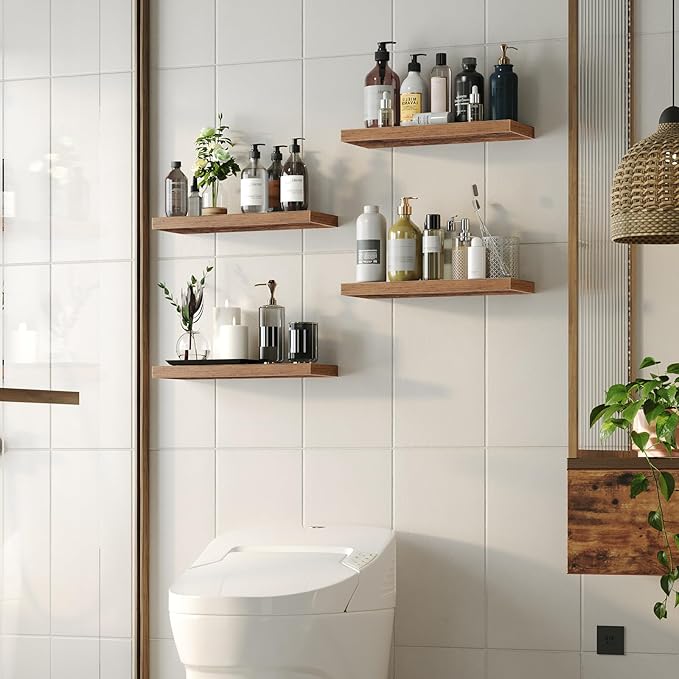HOOBRO Floating Shelves for Wall, Wall Mounted Shelf Set of 2, 23.6" Hanging Shelf with Invisible Brackets, for Wall in Bathroom, Bedroom, Toilet, Kitchen, Living Room, Office, Rustic Brown BF60BJ01-NeatNest