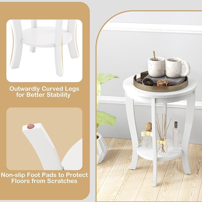 Giantex Round End Tables Set of 2, 2 Tier Side Table with Storage Shelf and Solid Wood Legs, 18" x 18" Accent Table for Corner Small Spaces, Tall Night Stand for Living Room Bedroom, White