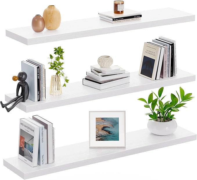 AMADA HOMEFURNISHING 23.6" L Floating Shelves, Wall Shelves Set of 3 for Bathroom/Living Room/Bedroom/Kitchen, White Floating Shelves for Wall Decor with Invisible Brackets - AMFS44W-NeatNest
