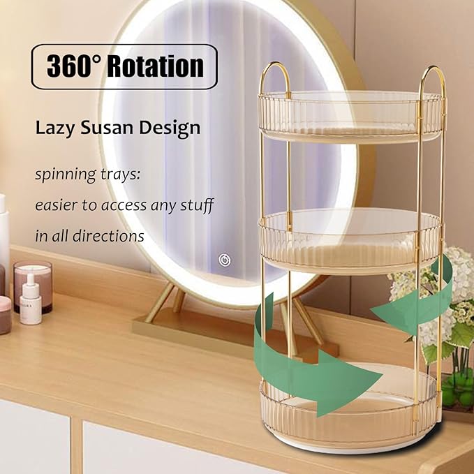 Rotating Makeup Organizer Countertop 3 Tier Lazy Susan Trays Clear Skincare Perfume Storage for Bathroom Counter Vanity, Amber Gold-NeatNest