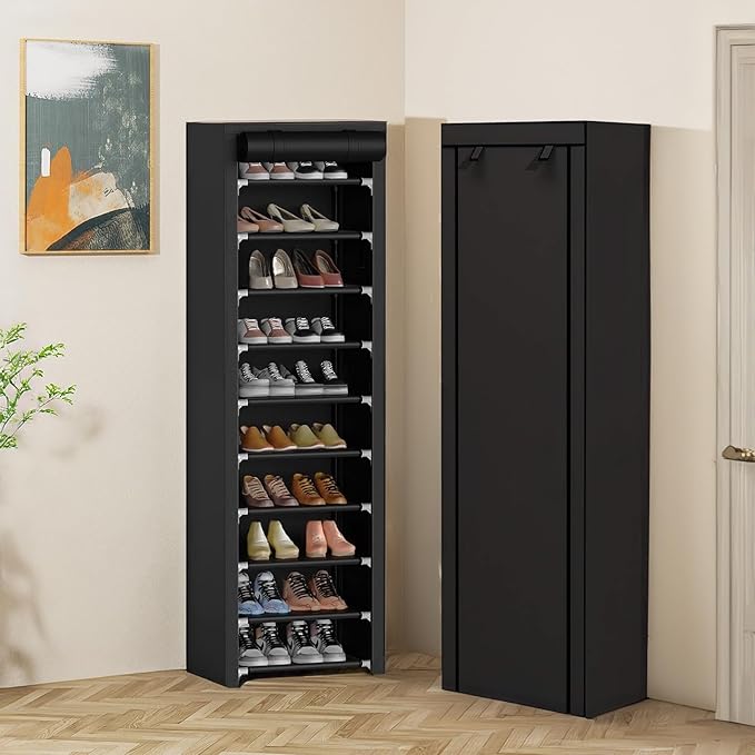 ERONE Shoe Rack with Cover 10 Tier Tall Slim Narrow Shoe Rack Organizer Space-Saving Sturdy Shoe Storage Shelf for Entryway, Closets-NeatNest
